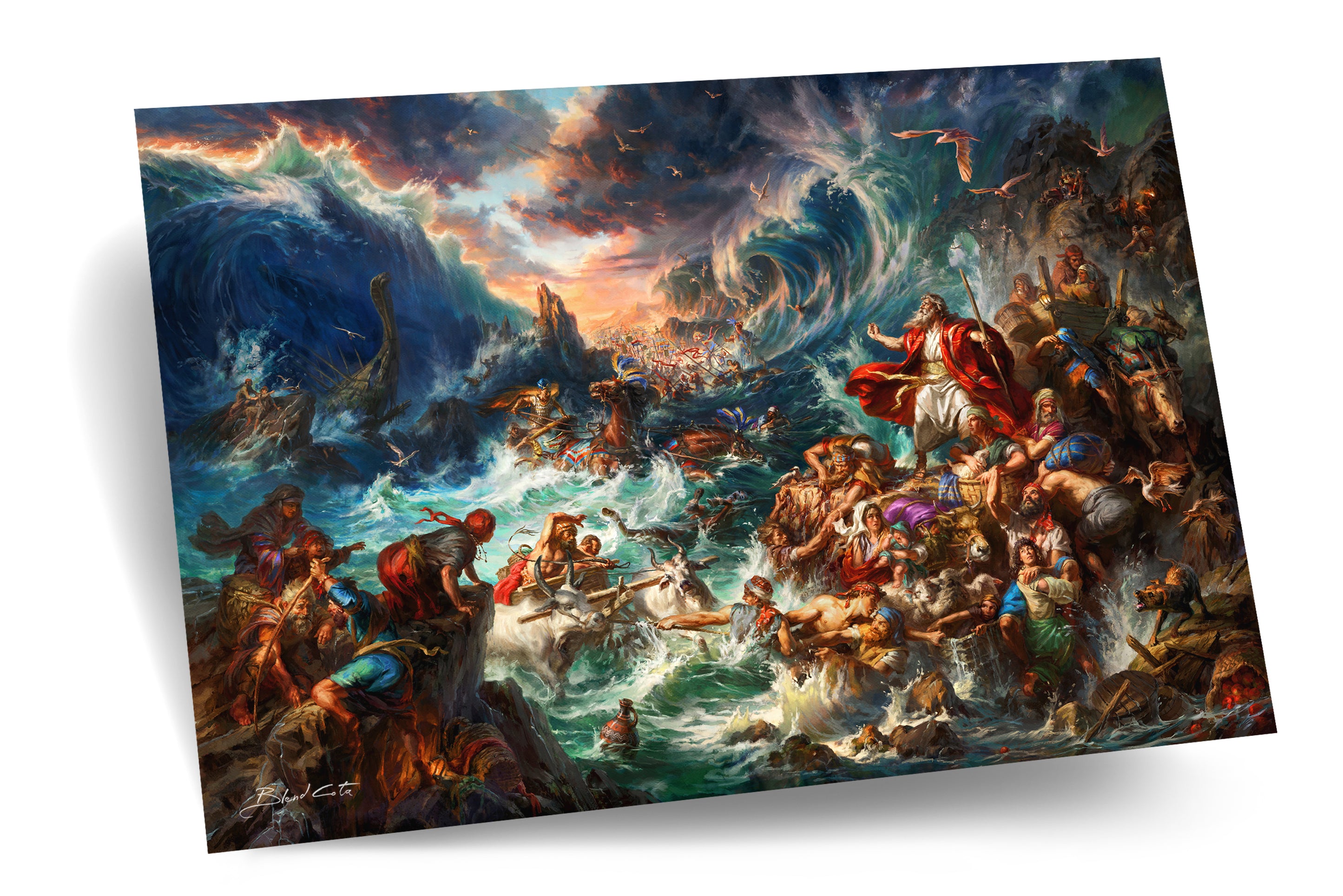 Art print on cardstock of Moses parting and crossing the red sea from the bible story, in a realistic style.