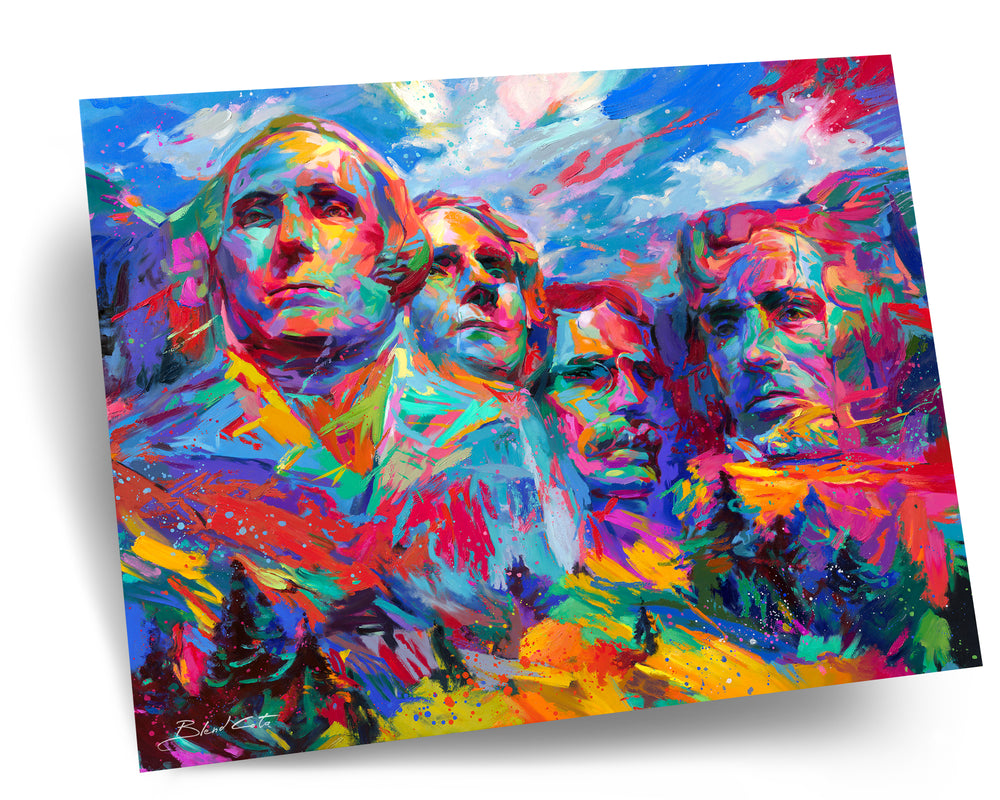 Mount Rushmore, depicted with colorful brushstrokes representing the hopeful future and diversity within American culture.
