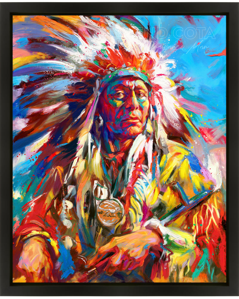Framed in black Oil on canvas original painting of the Native American Warrier Portrait in war bonnet, symoblizing the Great Spirit, pride and power, in colorful brushstrokes, color expressionism style.