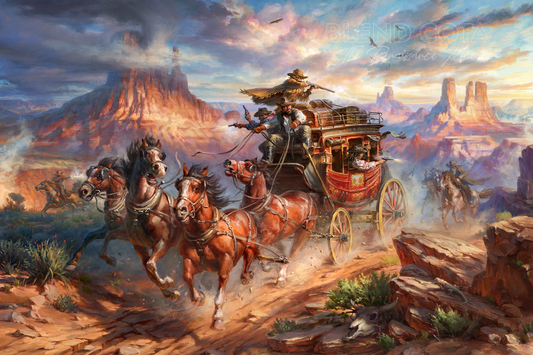 Art print of outlaws attack on the Blend Cota stagecoach with cowboys shooting and horses galloping in canyons and landscape of Monument Valley, Arizona, in realism style with detailed brushstrokes.