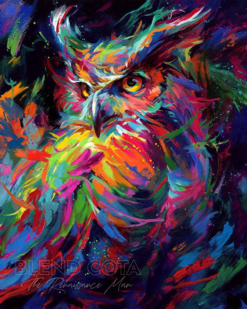 Art print of blue, green and orange owl in the night sky, symbol of wisdom and knowledge, and represented with Athena of Greece and Minerva of Rome, piercing gaze of great horned owl in colorful brushstrokes, color expressionism style.