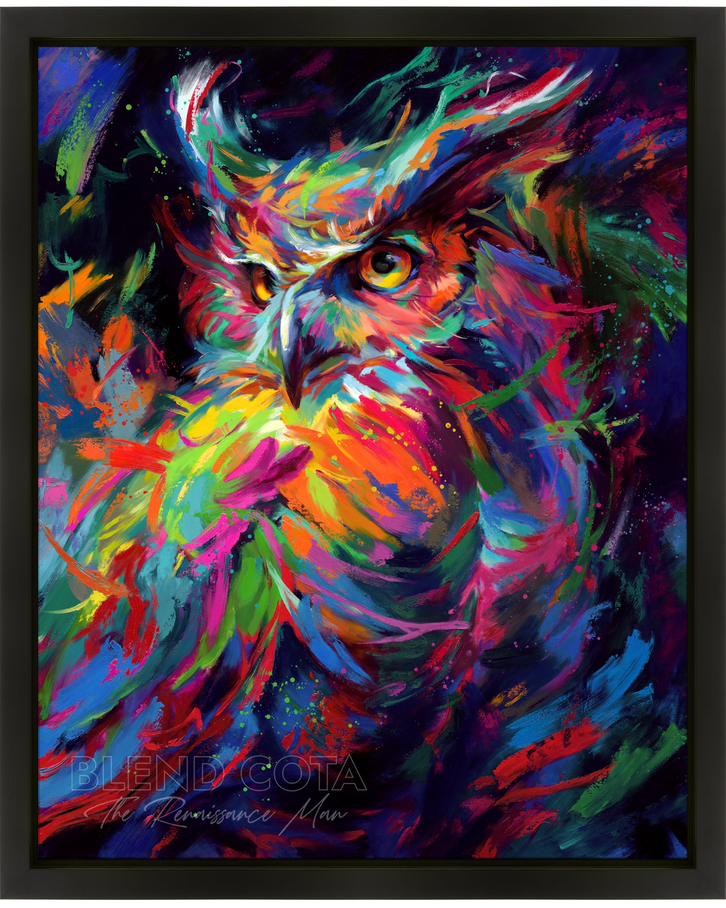 Oil on canvas original painting in black frame of blue, green and orange owl in the night sky, symbol of wisdom and knowledge, and represented with Athena of Greece and Minerva of Rome, piercing gaze of great horned owl in colorful brushstrokes, color expressionism style.