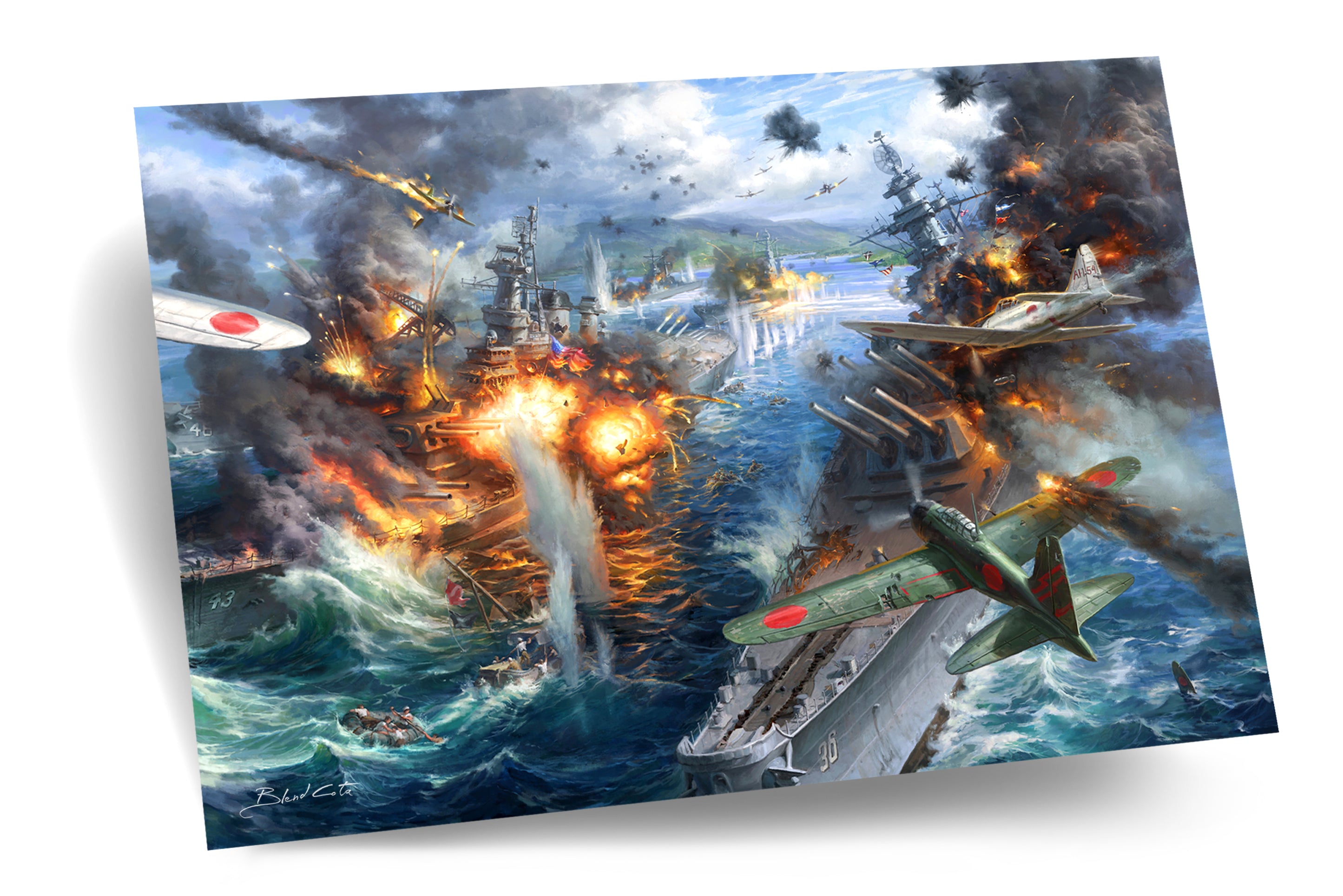 Wall art print of the attack on Pearl Harbor, Japanese planes bombing American vessels and battleships, on a background of destruction, smoke and fire, realism style with detailed brushstrokes on paper cardstock.