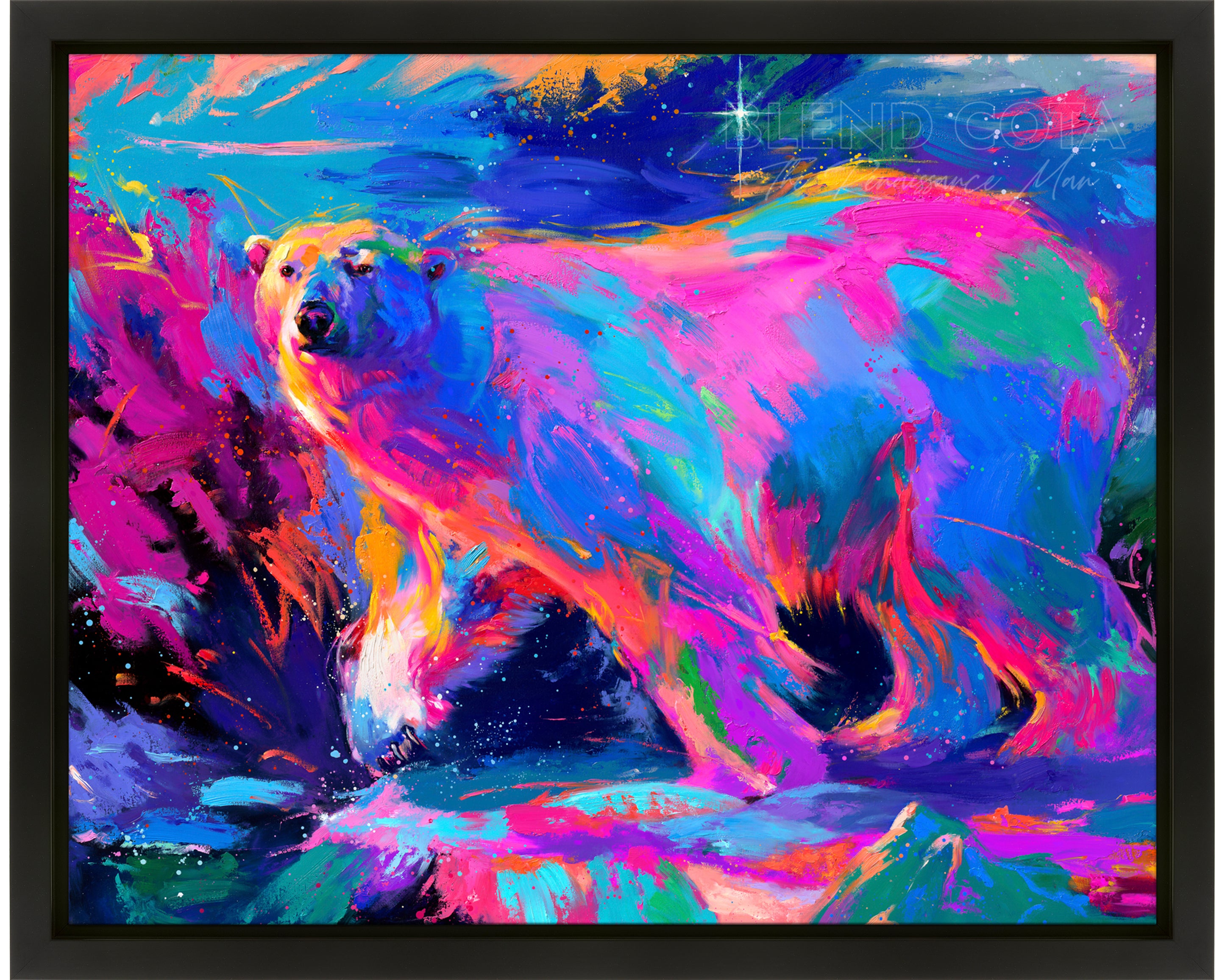True Northern Spirit of a polar bear an Original Oil Painting from Blend Cota Studios in a  Black Frame