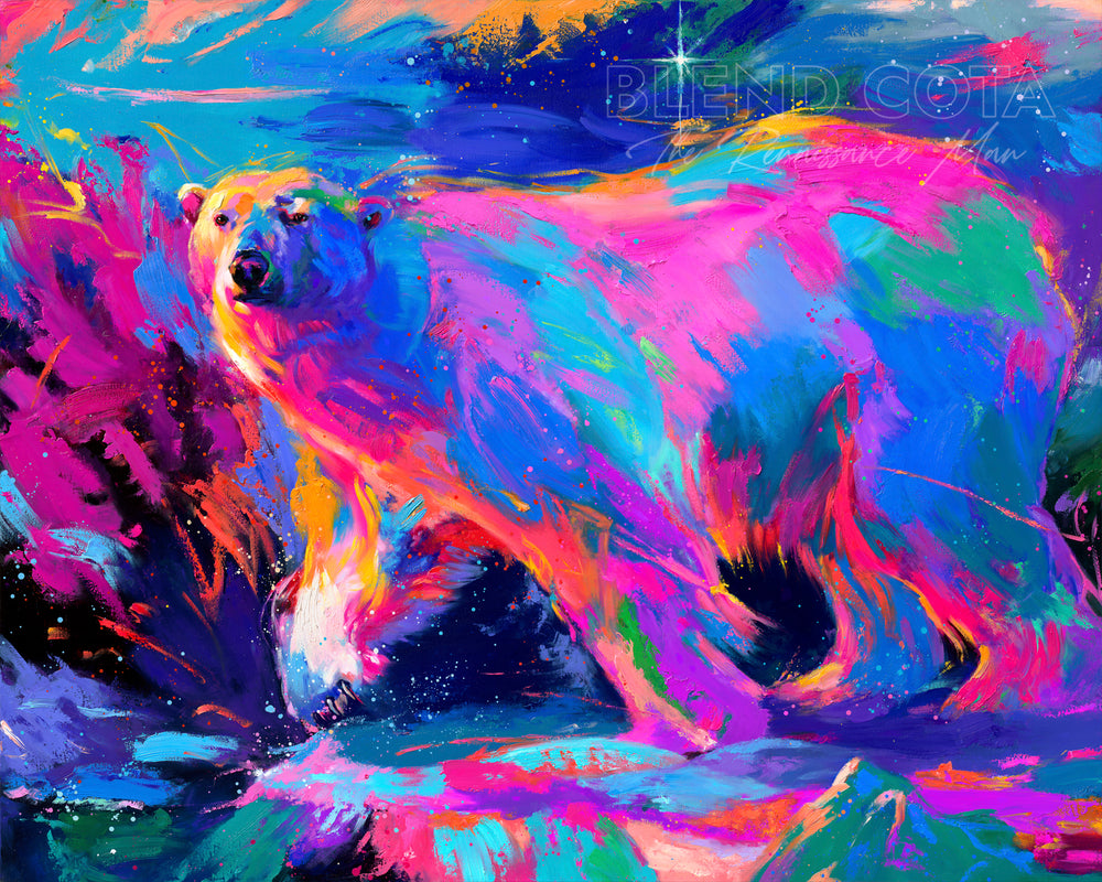 True Northern Spirit by Blend Cota original oil painting of a polar bear painted in the style of blended expressionism from blend cota studios art