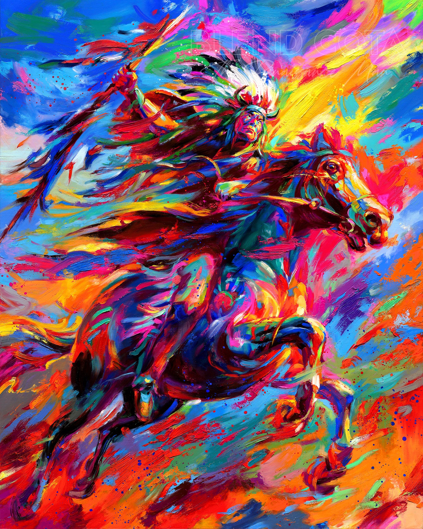 Native american in war bonnet holding a feather decorated spear and riding his horse, symbol of force and oneness between man and animal in colorful brushstrokes, color expressionism style.