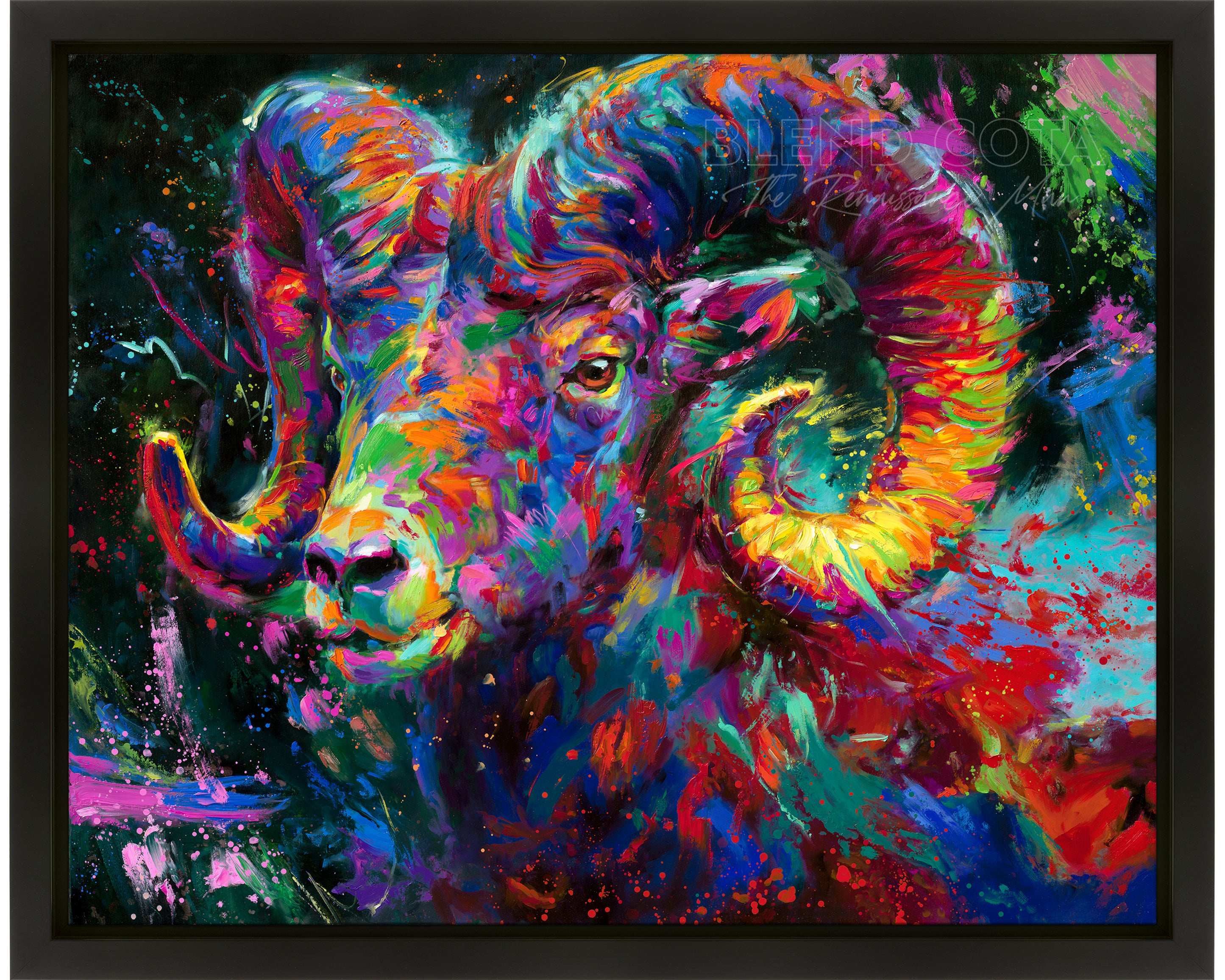 The Ram Spirit an original oil painting from Blend Cota Studios with a black frame