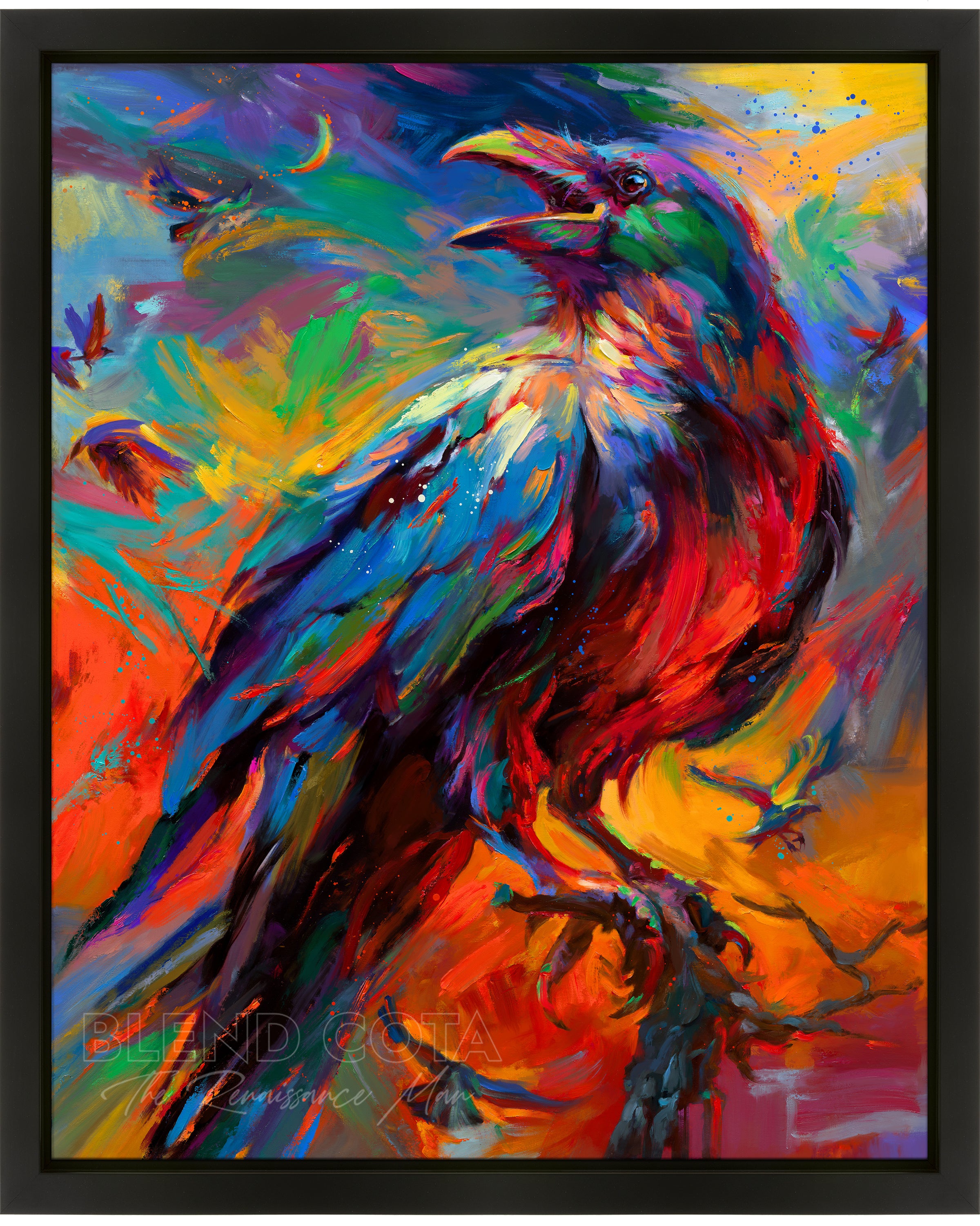 Oil on canvas painting of Raven, standing on a branch surrounded by a background of smaller birds in motion, treated with colorful brushstrokes. shown in a black frame