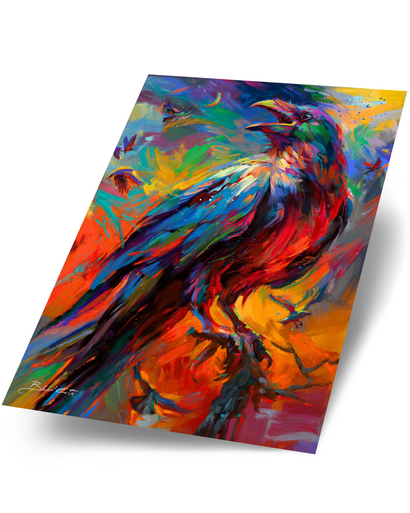 A mystical raven painting with bright colors, striking and cunningly smart, with large voluminous brushstrokes.