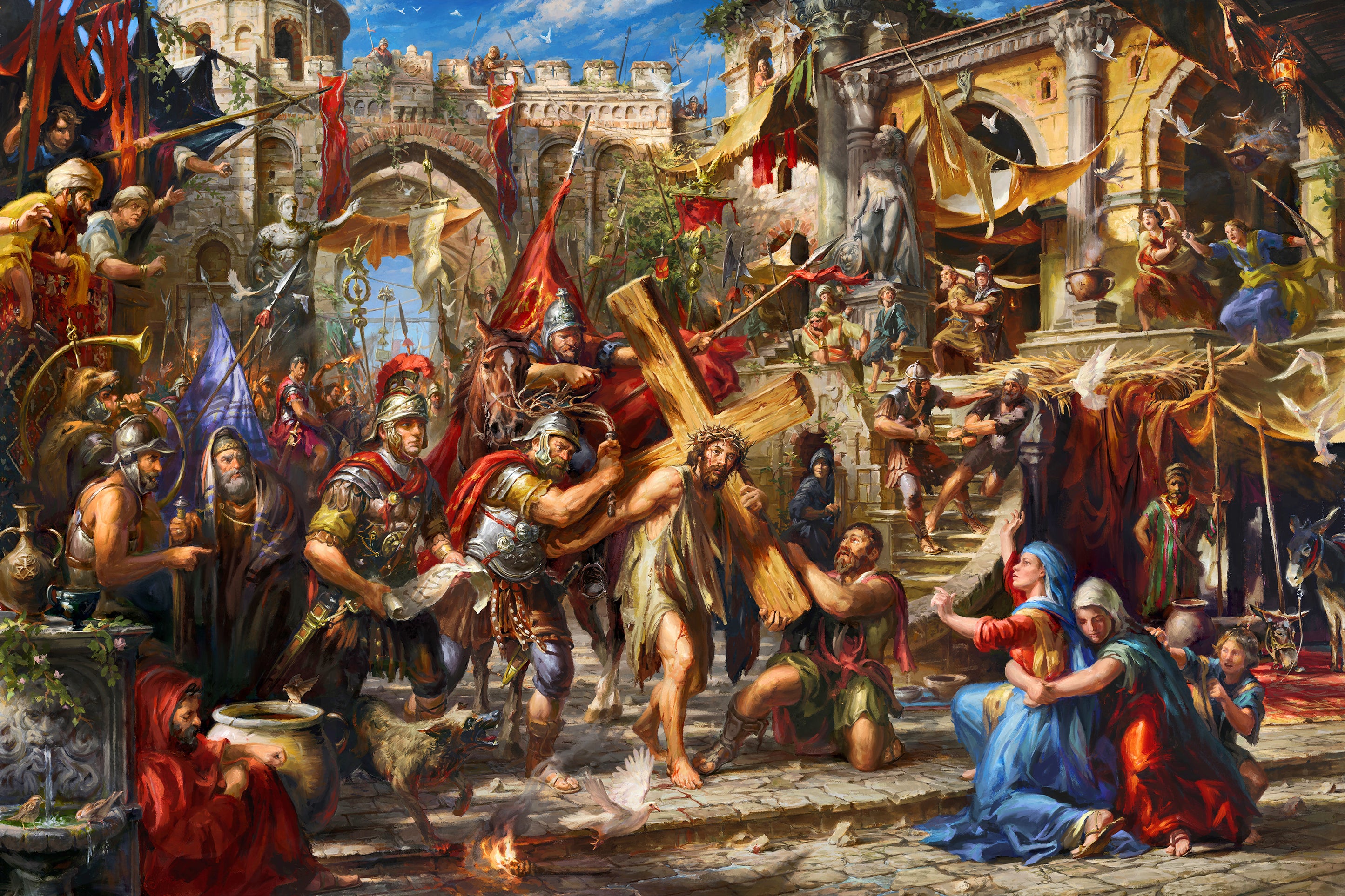 the way of love - jesus carrying his cross through jerusalem sorrow and struggle - Blend Cota original oil painting - renaissance revival - blend cota studios art