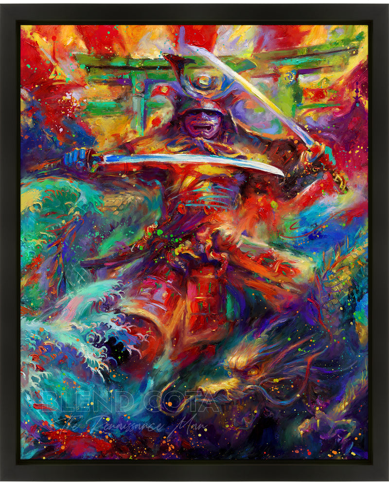 Oil on canvas original painting of the Samurai Warrior, Japanese cultural symbols represented in the Hokusai wave like design, the ancient dragon and the torii in the background, in colorful brushstrokes, color expressionism style.