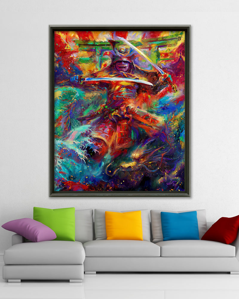 Oil on canvas original painting of the Samurai Warrior, Japanese cultural symbols represented in the Hokusai wave like design, the ancient dragon and the torii in the background, in colorful brushstrokes, color expressionism style in a room setting.