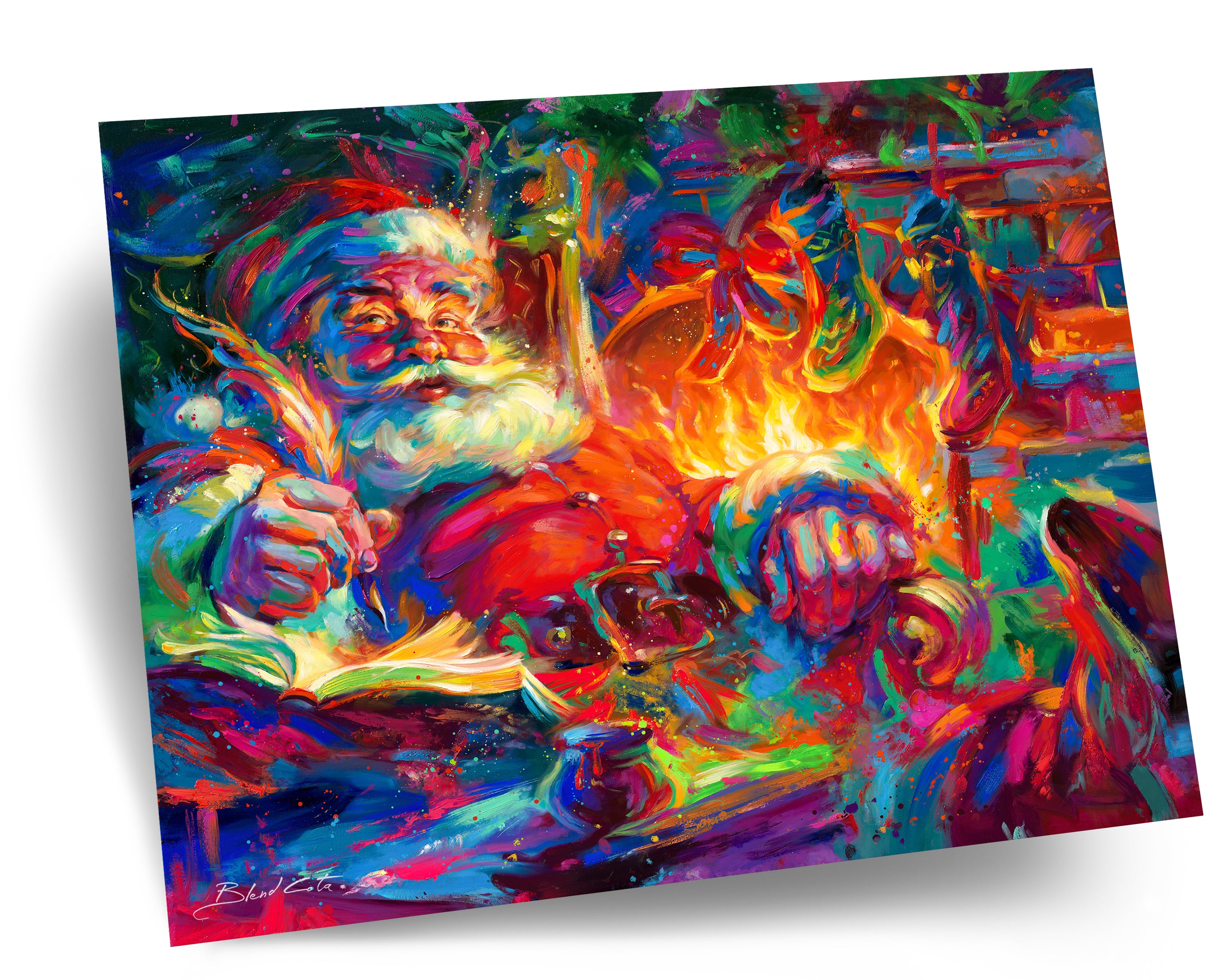 A friendly portrait of Santa at home cozy by the fireplace with large colorful brushstrokes.