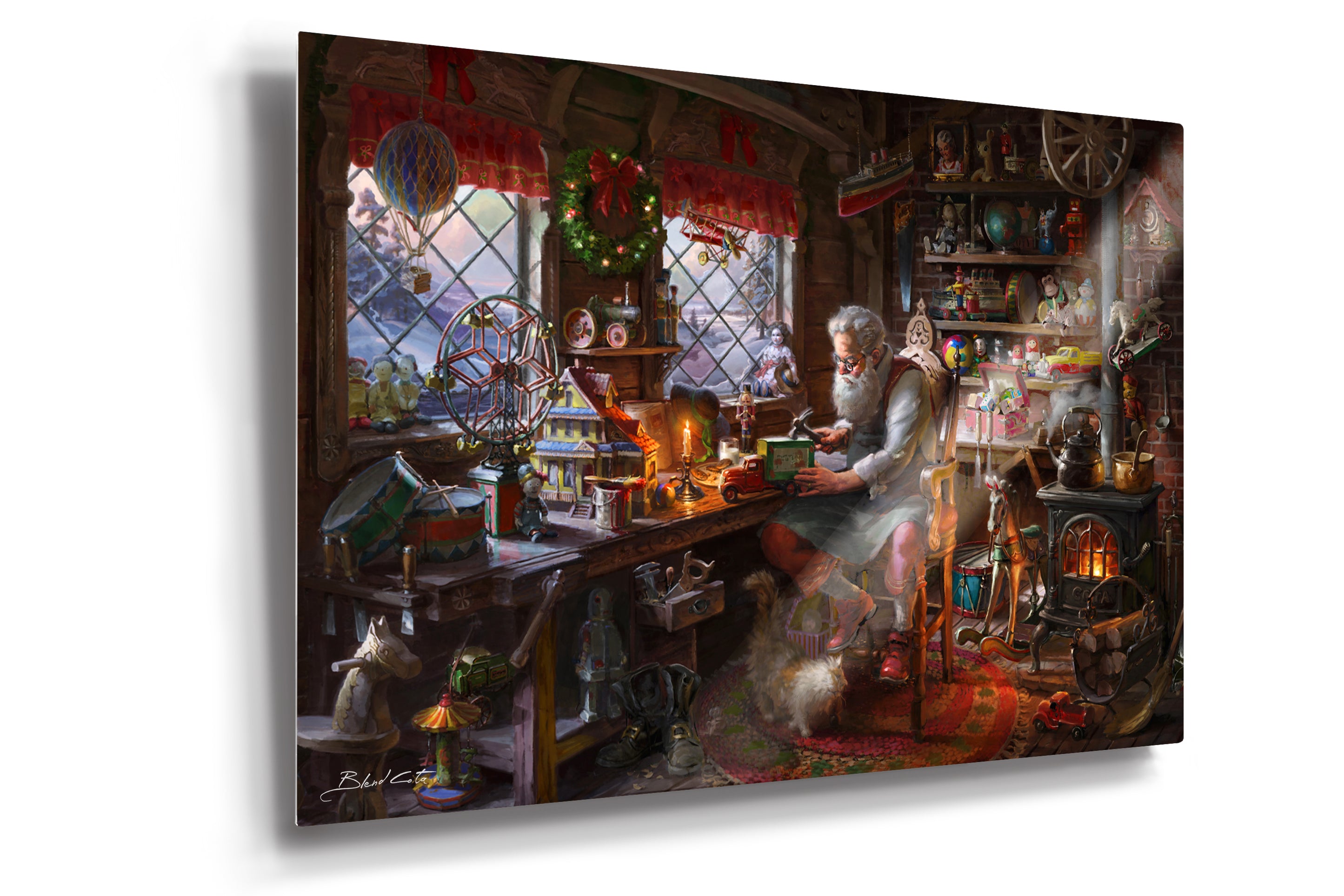 A limited edition metal print of Santa claus making toys in his workshop  during christmas with a cat by his boots and wood burning stove amongst the many children's toys.