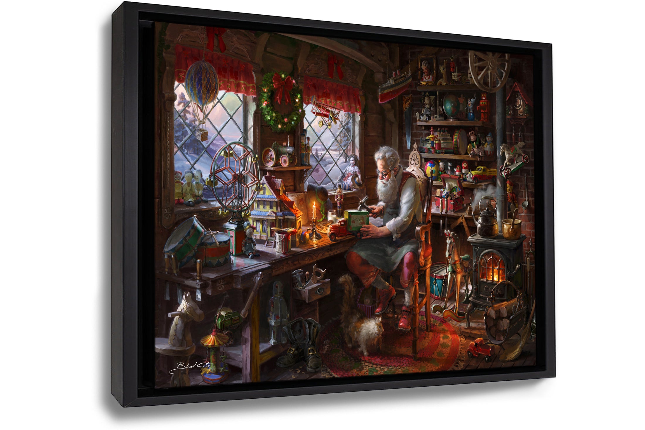 A framed art print on canvas of the painting of Santa claus making toys in his workshop  during christmas with a cat by his boots and wood burning stove amongst the many children's toys.