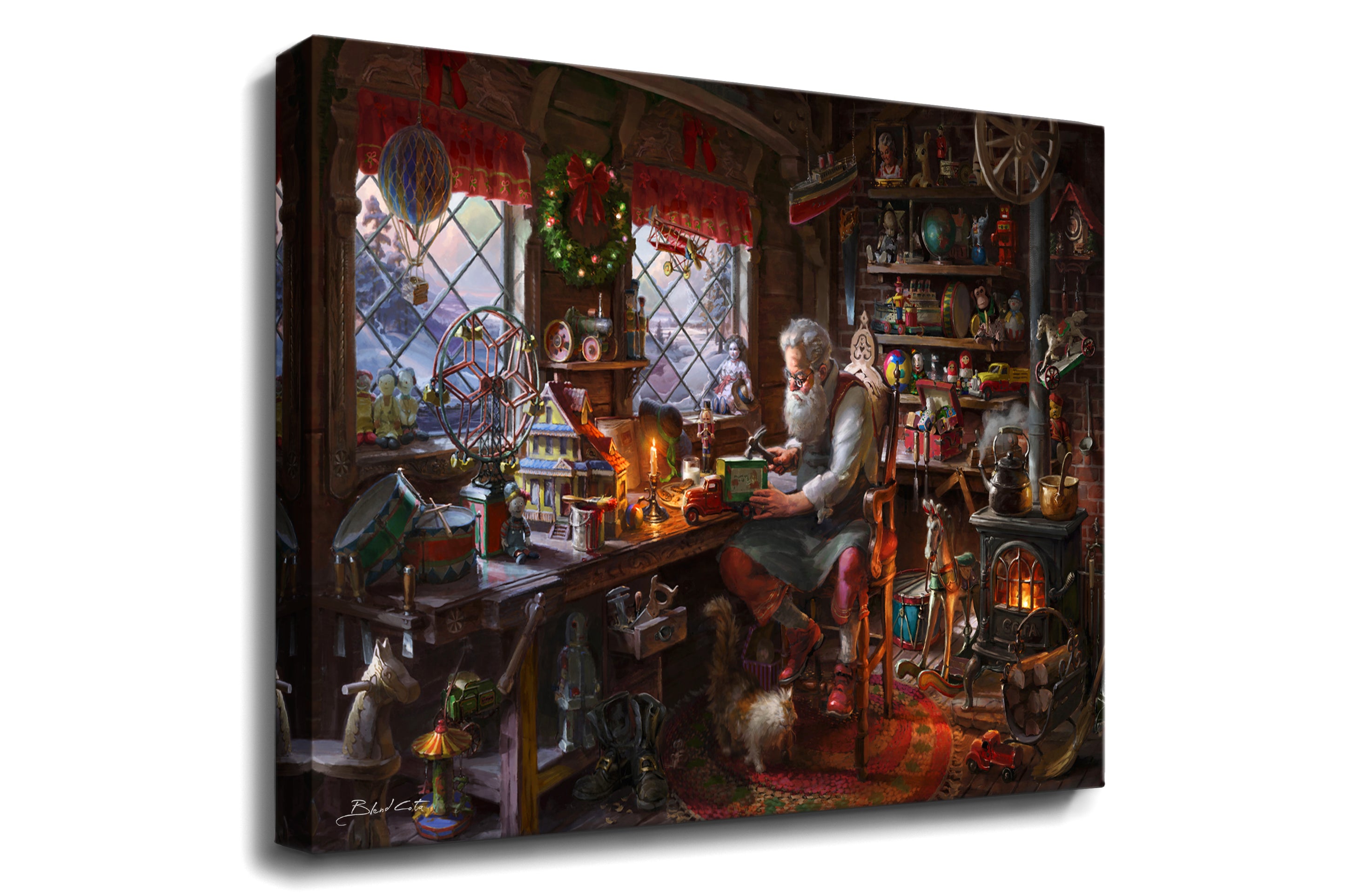 An art print on gallery wrapped canvas of the painting of Santa claus making toys in his workshop  during christmas with a cat by his boots and wood burning stove amongst the many children's toys.