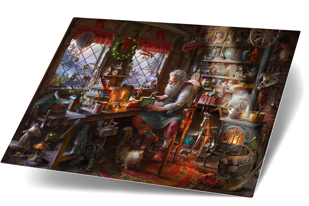 An art print on metal of the painting of Santa claus making toys in his workshop  during christmas with a cat by his boots and wood burning stove amongst the many children's toys.