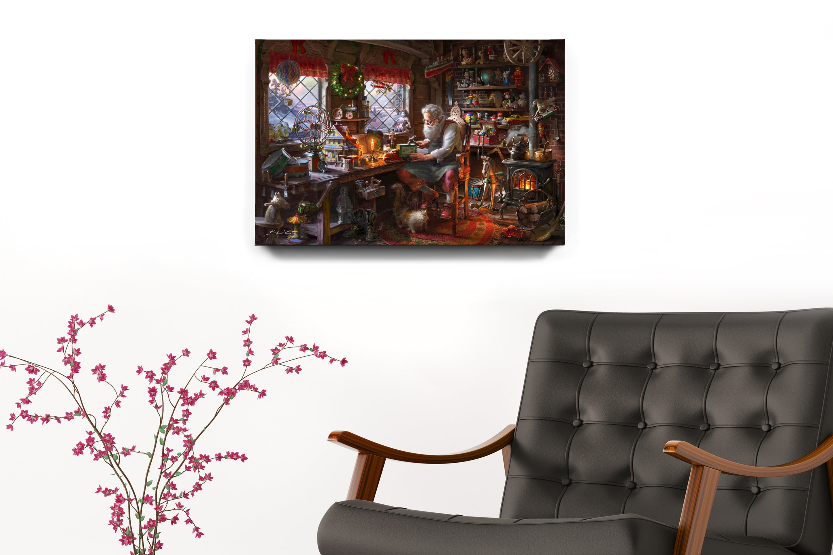 An art print on gallery wrapped canvas of the painting of Santa claus making toys in his workshop  during christmas with a cat by his boots and wood burning stove amongst the many children's toys in a room setting.