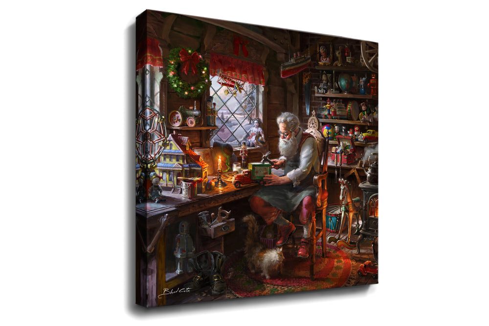 
                  
                    An art print on gallery wrapped canvas of the painting of Santa claus making toys in his workshop  during christmas with a cat by his boots and wood burning stove amongst the many children's toys in a square format canvas.
                  
                