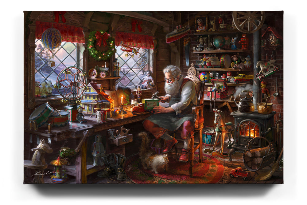 A limited edition print of the painting of Santa claus making toys in his workshop  during christmas with a cat by his boots and wood burning stove amongst the many children's toys.
