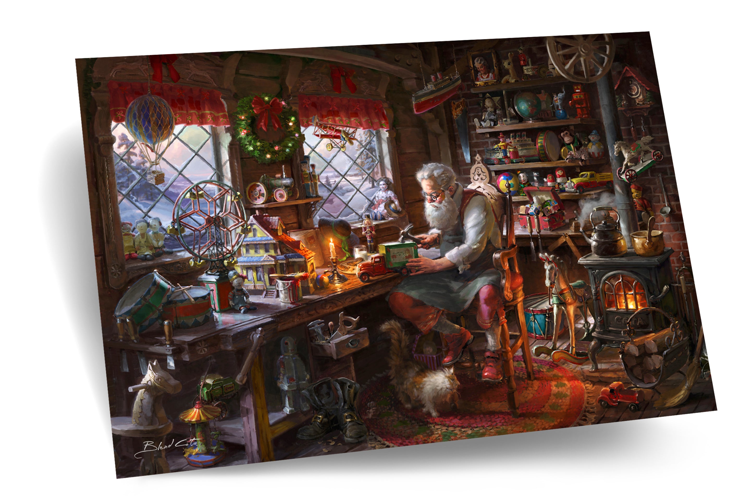 An art print on paper cardstock of the painting of Santa claus making toys in his workshop  during christmas with a cat by his boots and wood burning stove amongst the many children's toys.