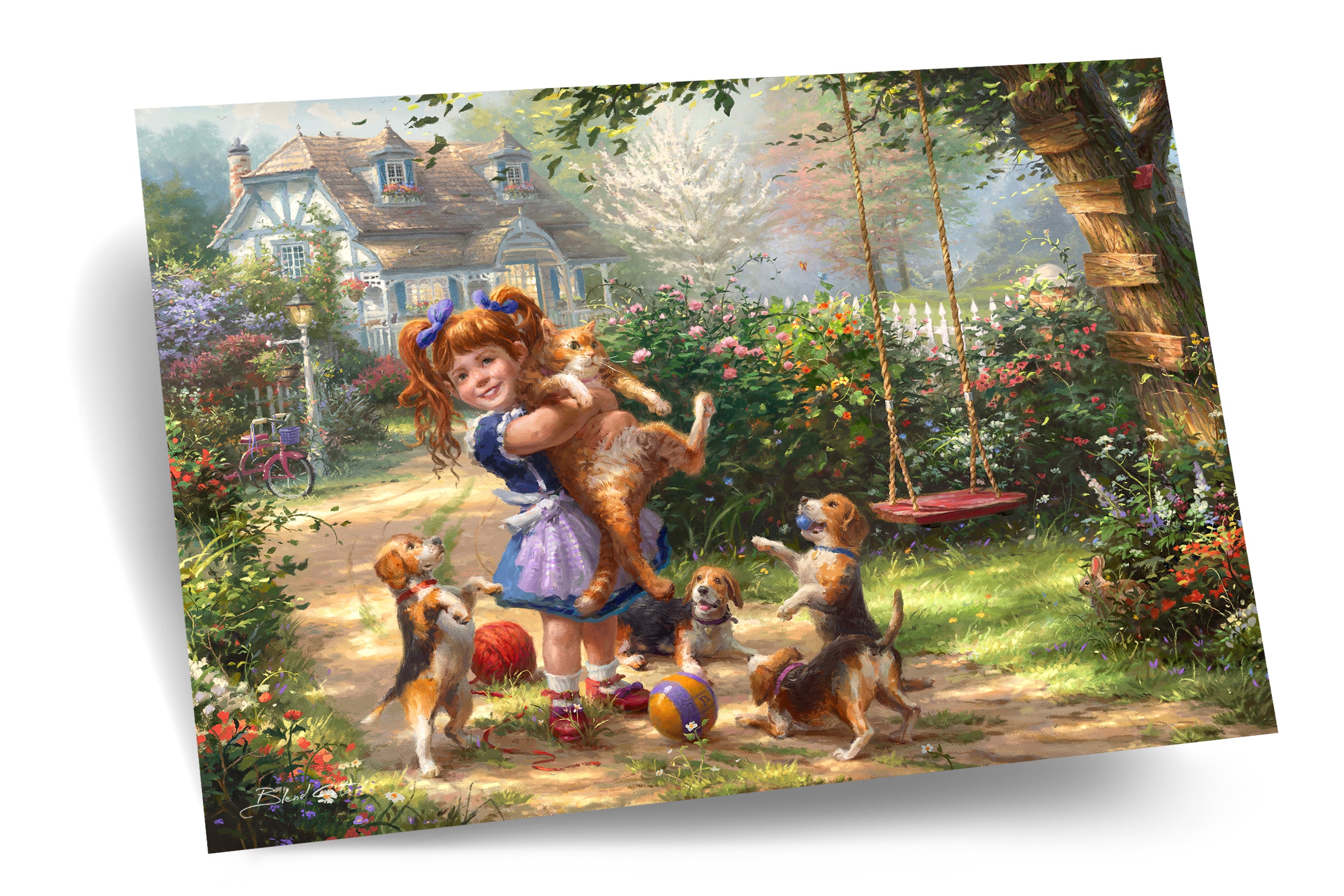 Painting of a little girl and her pets, one large orange tabby cat and beagle puppies all playing in a beautiful garden in the countryside, in a realistic style.