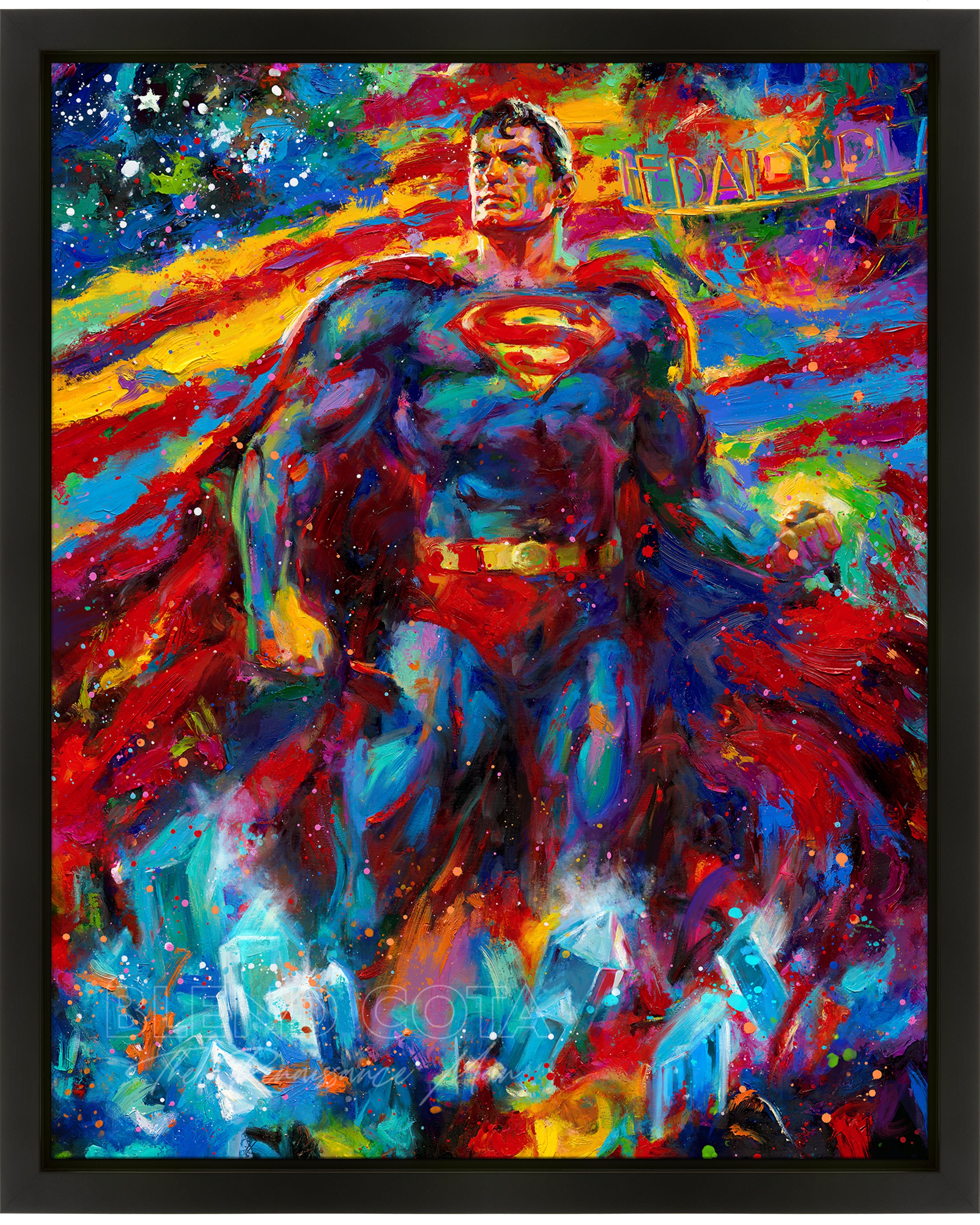 Oil on canvas original painting of Superman, DC Comics Last Son of Krypton, patriotic and protector of America and earth, red blue and yellow paint with a flag of USA, guarding those he loves, in colorful brushstrokes, color expressionism style.
