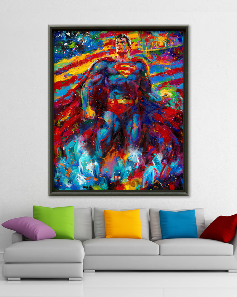 Oil on canvas original painting of Superman, DC Comics Last Son of Krypton, patriotic and protector of America and earth, red blue and yellow paint with a flag of USA, guarding those he loves, in colorful brushstrokes, color expressionism style in a room setting. 