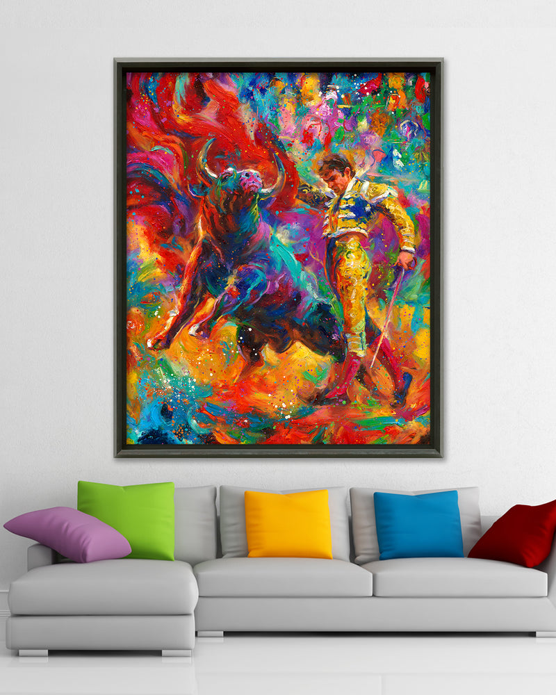 Oil on canvas original painting of the Matador, a bullfighter in midst of a dance with the bull, using a red cape to distract and entrance the best, with a crown cheerring on in the background, in colorful brushstrokes, color expressionism style in a room setting.