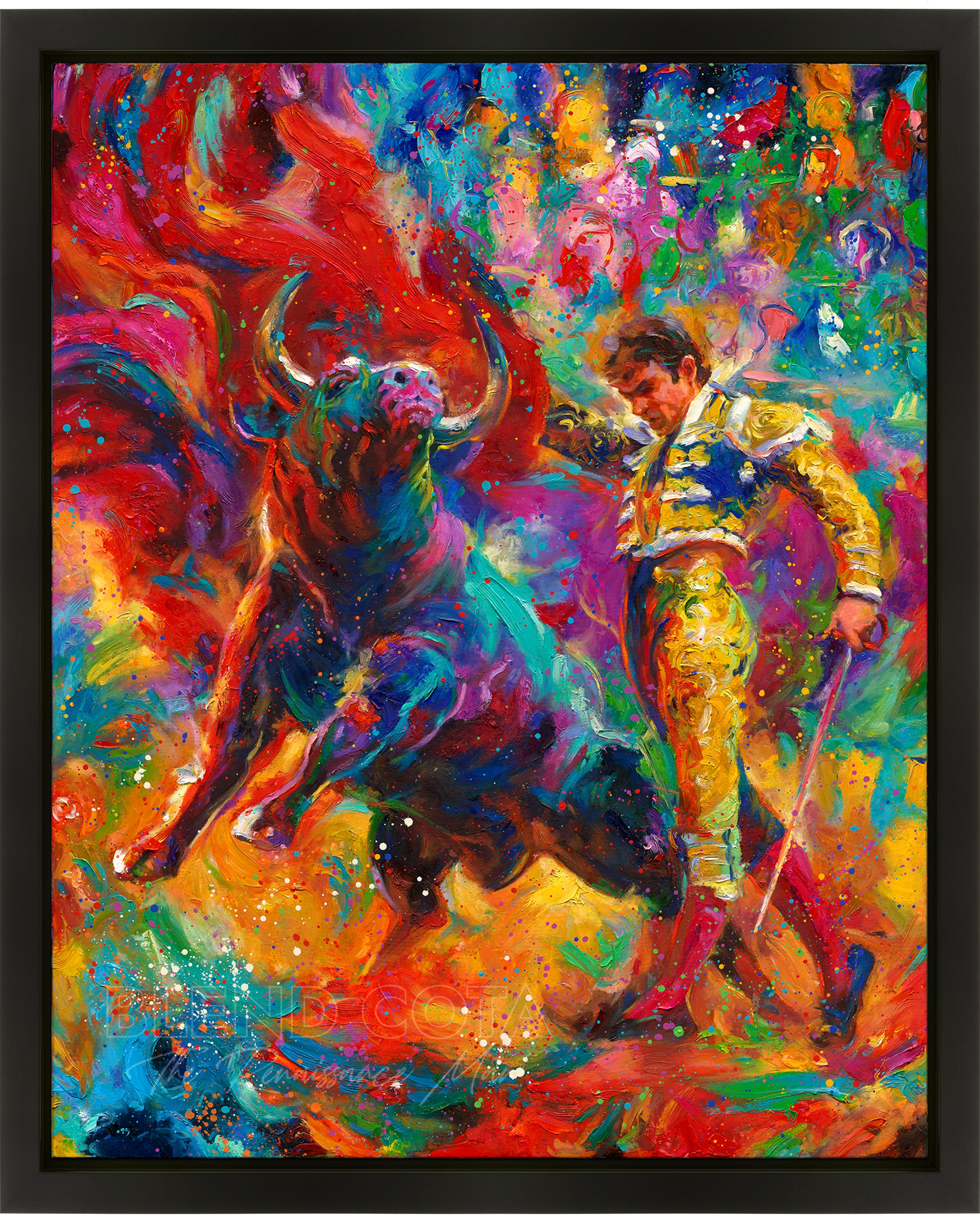 Oil on canvas original painting of the Matador, a bullfighter in midst of a dance with the bull, using a red cape to distract and entrance the best, with a crown cheerring on in the background, in colorful brushstrokes, color expressionism style.