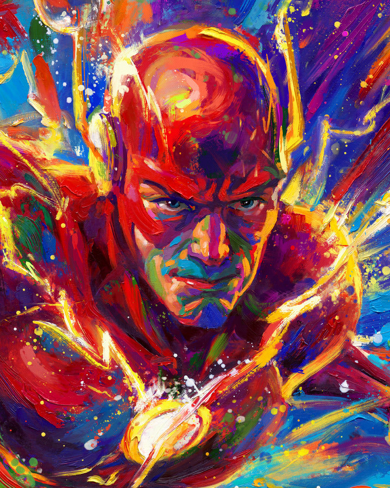 
                  
                    Oil on canvas original painting of The Flash, DC Comics Barry Allen, child of lightspeed and ultimate superhero of thinking moving and reacting at light speeds, painted in an array of blue red, purple and greens, and electrified yellow in colorful brushstrokes, color expressionism style detailed close up.
                  
                