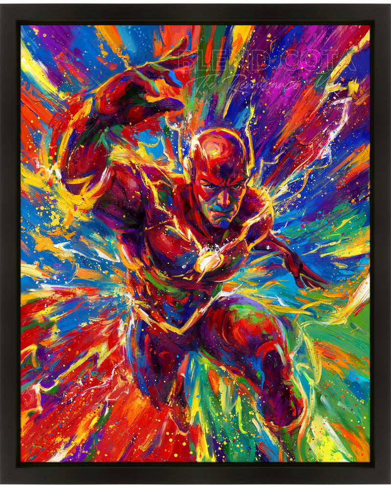 Oil on canvas original painting of The Flash, DC Comics Barry Allen, child of lightspeed and ultimate superhero of thinking moving and reacting at light speeds, painted in an array of blue red, purple and greens, and electrified yellow in colorful brushstrokes, color expressionism style.