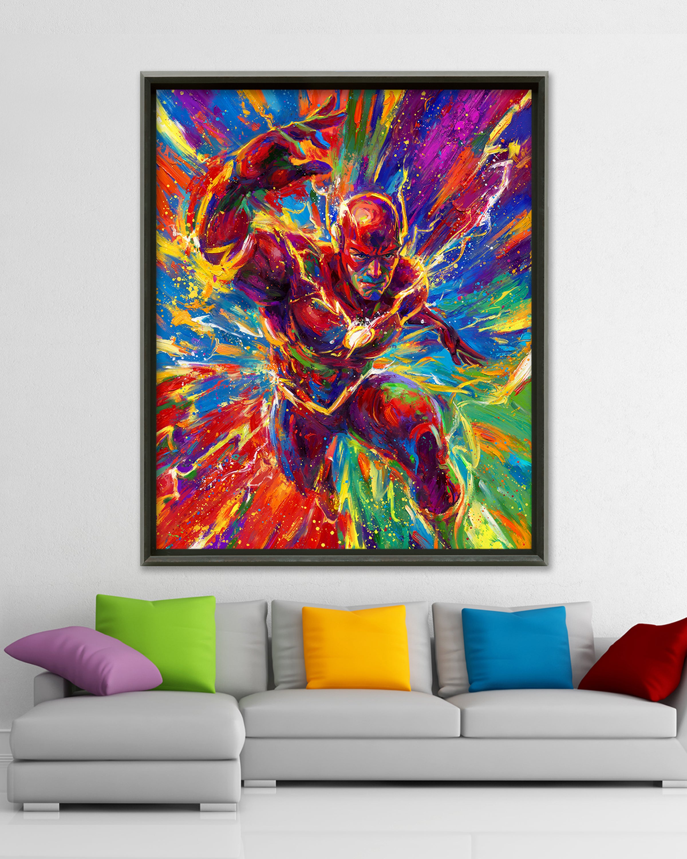 Oil on canvas original painting of The Flash, DC Comics Barry Allen, child of lightspeed and ultimate superhero of thinking moving and reacting at light speeds, painted in an array of blue red, purple and greens, and electrified yellow in colorful brushstrokes, color expressionism style in a room setting.