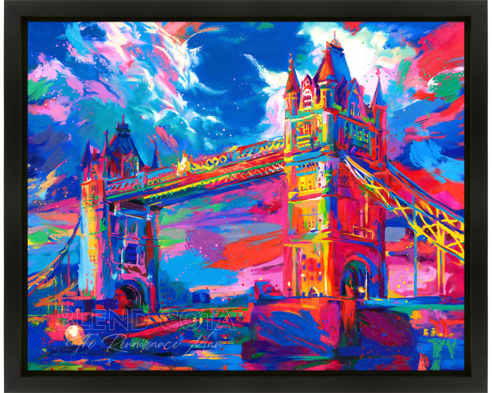 Oil on canvas original painting of the London Tower Bridge in United Kingdom, seen below from the Thames, displaying masterful engineering and architecture of Victorian Gothic style, and symbol of strength and beauty, in colorful brushstrokes, color expressionism style shown in a black frame.
