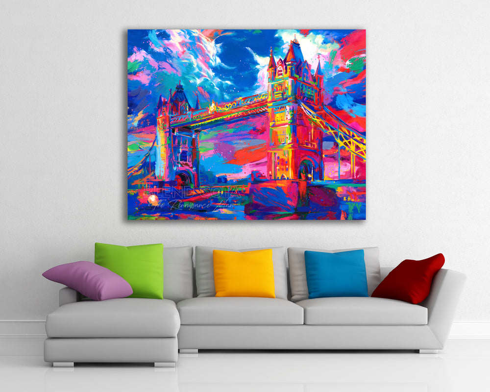Limited edition on metal of the London Tower Bridge in United Kingdom, seen below from the Thames, displaying masterful engineering and architecture of Victorian Gothic style, and symbol of strength and beauty, in colorful brushstrokes, color expressionism style in a room setting.