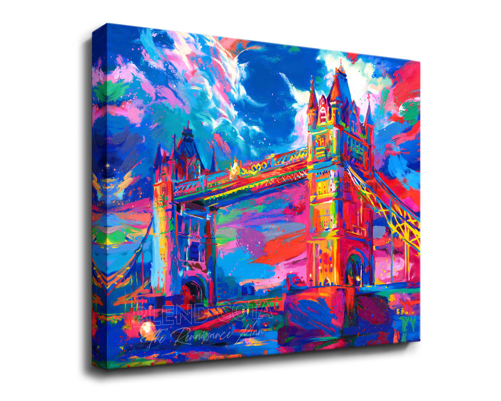 Art print on canvas of the London Tower Bridge in United Kingdom, seen below from the Thames, displaying masterful engineering and architecture of Victorian Gothic style, and symbol of strength and beauty, in colorful brushstrokes, color expressionism style.