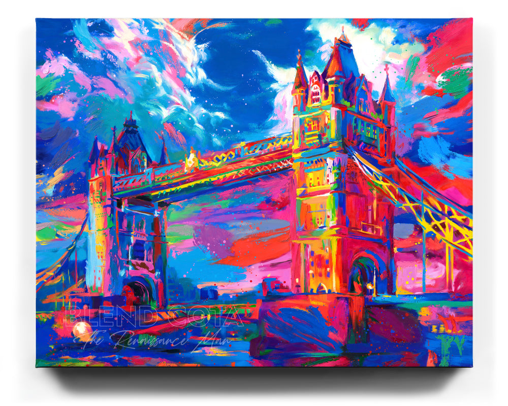 Limited edition painting on canvas of the London Tower Bridge in United Kingdom, seen below from the Thames, displaying masterful engineering and architecture of Victorian Gothic style, and symbol of strength and beauty, in colorful brushstrokes, color expressionism style.