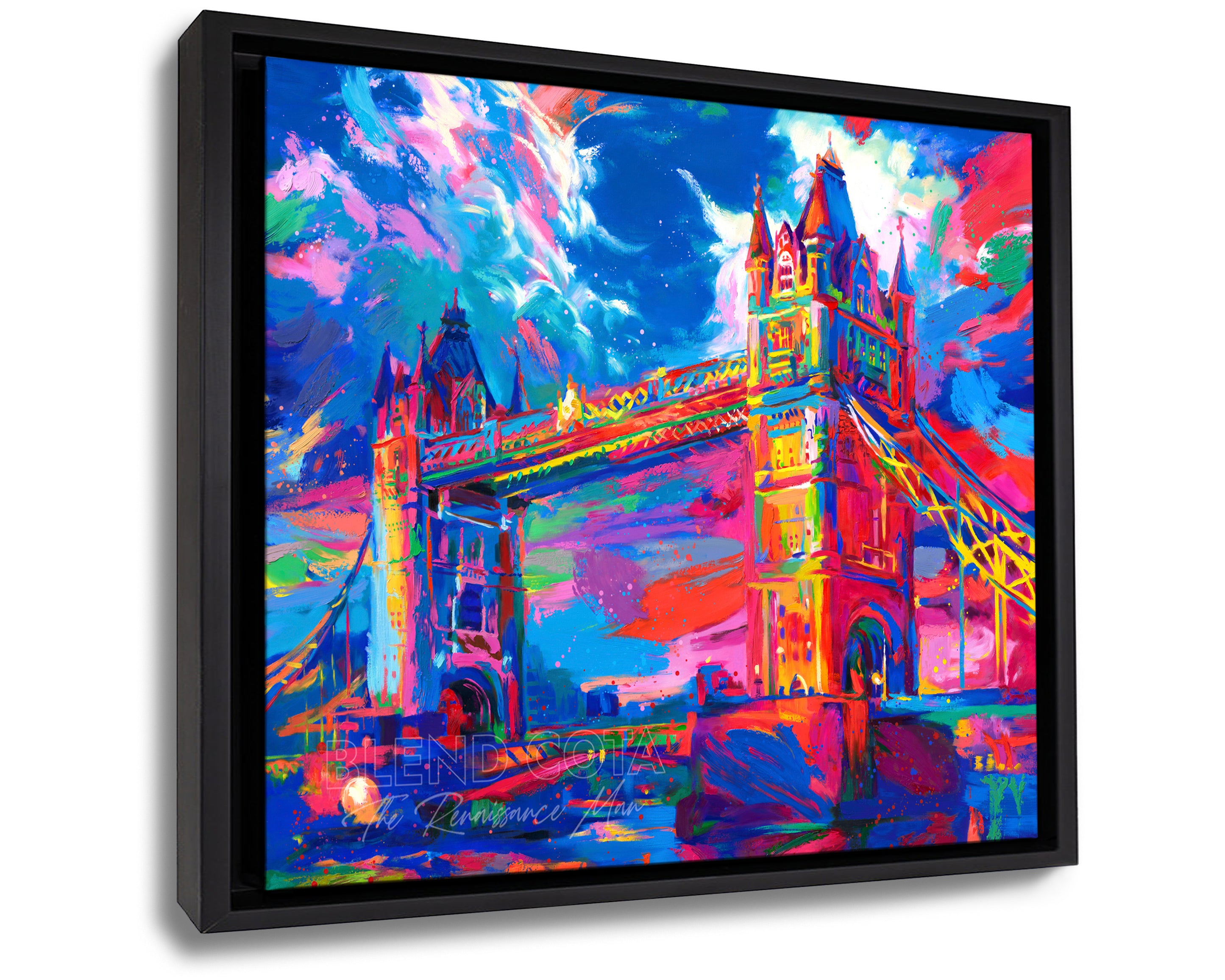 Framed art print on canvas of the London Tower Bridge in United Kingdom, seen below from the Thames, displaying masterful engineering and architecture of Victorian Gothic style, and symbol of strength and beauty, in colorful brushstrokes, color expressionism style.