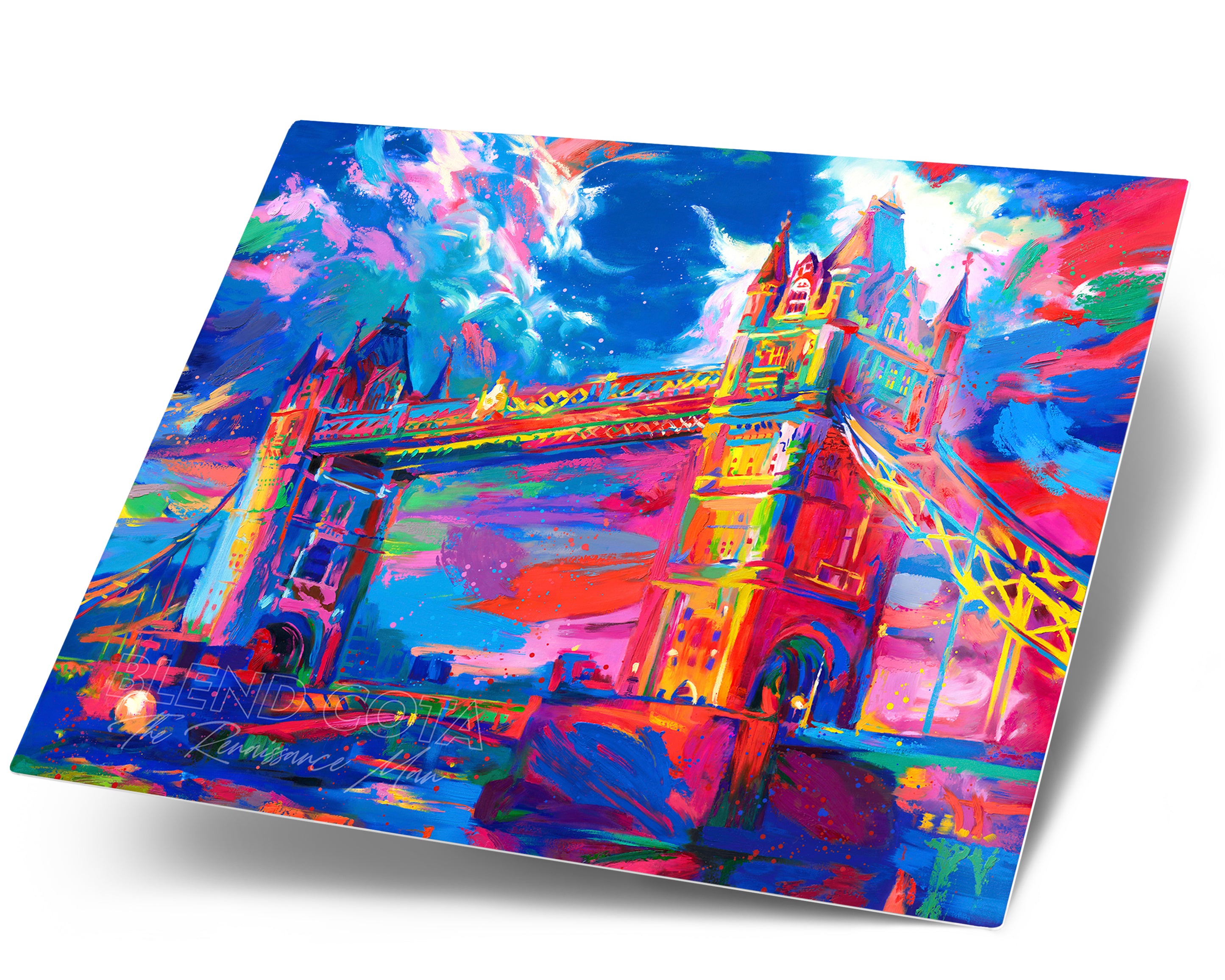 Art print on metal of the London Tower Bridge in United Kingdom, seen below from the Thames, displaying masterful engineering and architecture of Victorian Gothic style, and symbol of strength and beauty, in colorful brushstrokes, color expressionism style.