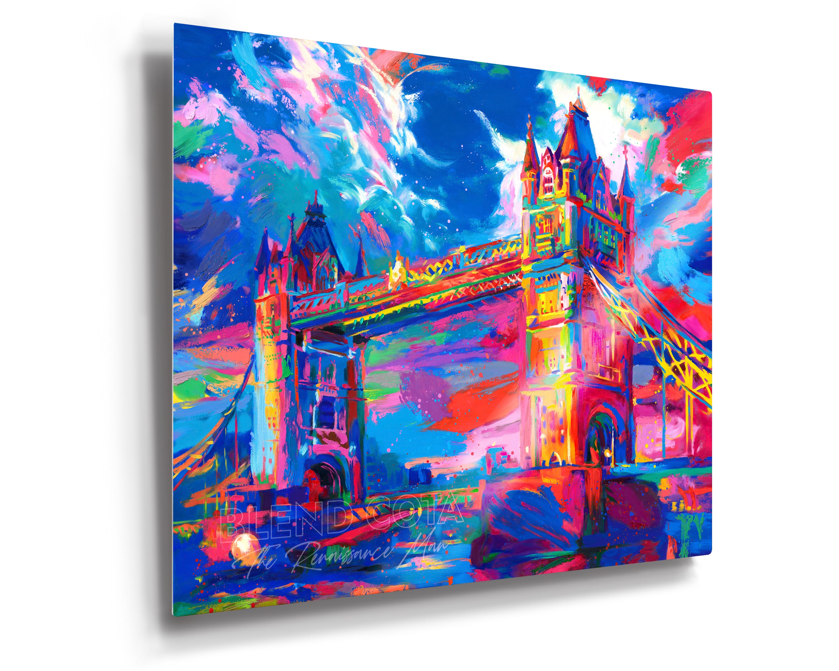 Limited edition on metal of the London Tower Bridge in United Kingdom, seen below from the Thames, displaying masterful engineering and architecture of Victorian Gothic style, and symbol of strength and beauty, in colorful brushstrokes, color expressionism style.