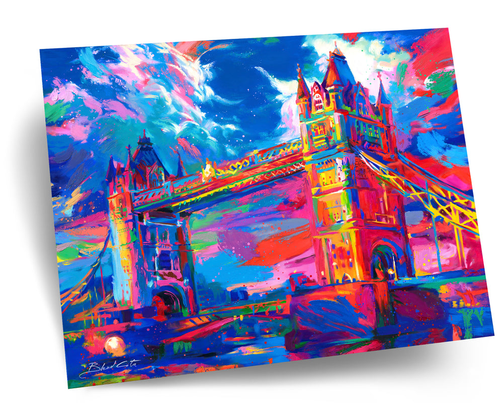 Art print on paper cardstock of the London Tower Bridge in United Kingdom, seen below from the Thames, displaying masterful engineering and architecture of Victorian Gothic style, and symbol of strength and beauty, in colorful brushstrokes, color expressionism style.
