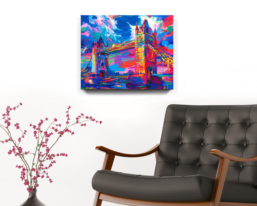 Art print of the London Tower Bridge in United Kingdom, seen below from the Thames, displaying masterful engineering and architecture of Victorian Gothic style, and symbol of strength and beauty, in colorful brushstrokes, color expressionism style.