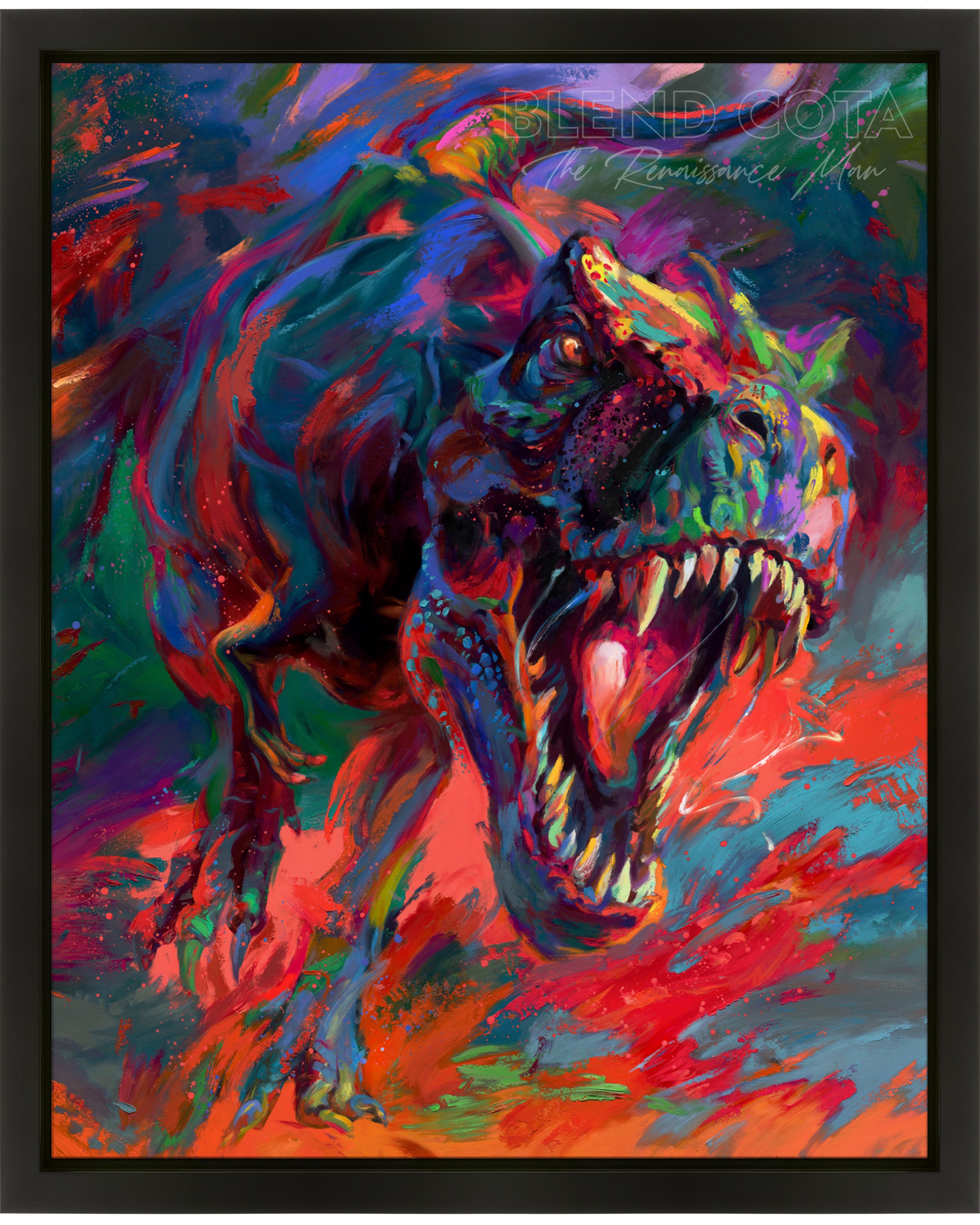 Framed original oil painting on canvas of the t-rex from jurassic period the apex dinosaur predator jaw full of teeth chasing you, painted with colorful brushstrokes in an expressionistic style.