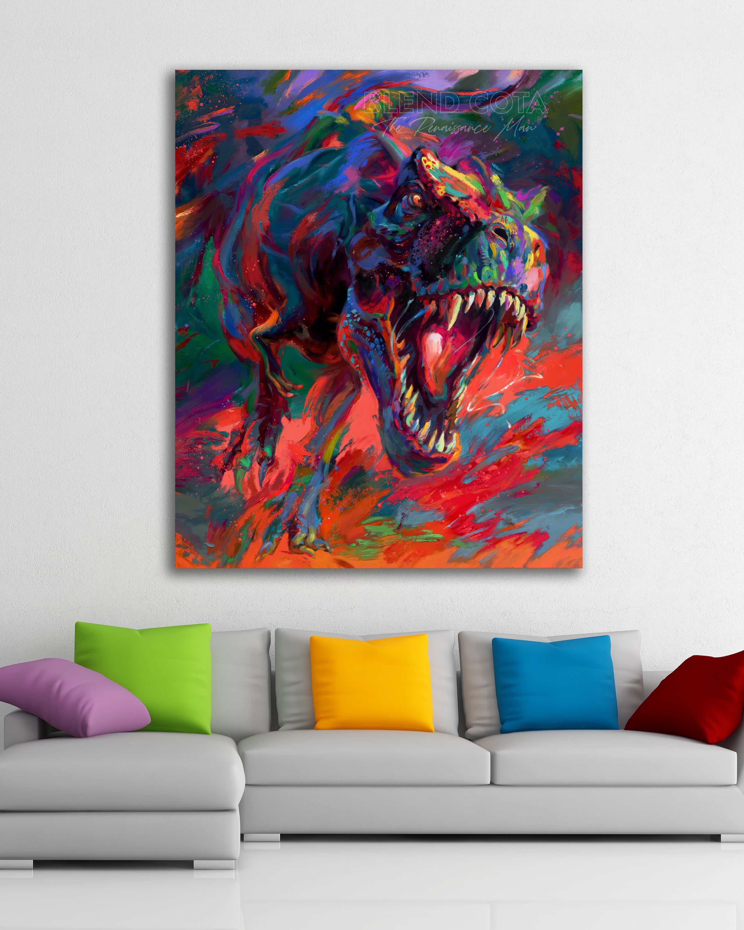 Limited edition glossy metal print of the t-rex from jurassic period the apex dinosaur predator jaw full of teeth chasing you, painted with colorful brushstrokes in an expressionistic style in a room setting.