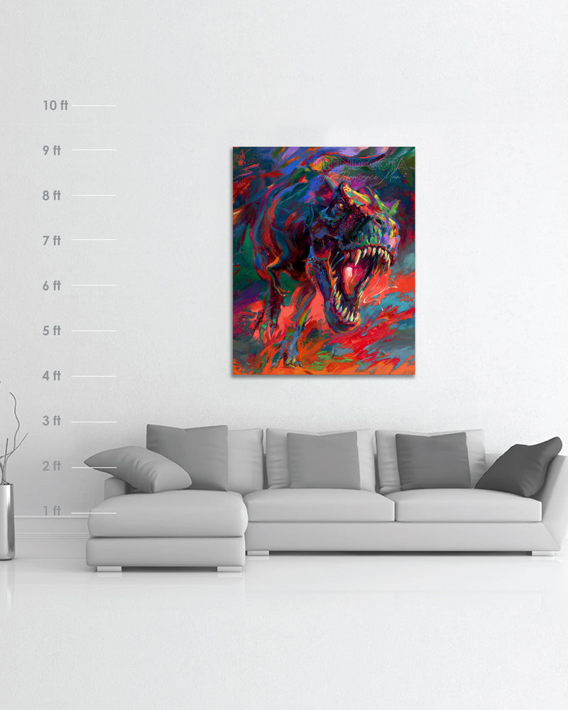 
                  
                    Framed original oil painting on canvas of the t-rex from jurassic period the apex dinosaur predator jaw full of teeth chasing you, painted with colorful brushstrokes in an expressionistic style in a room setting with scale dimensions.
                  
                