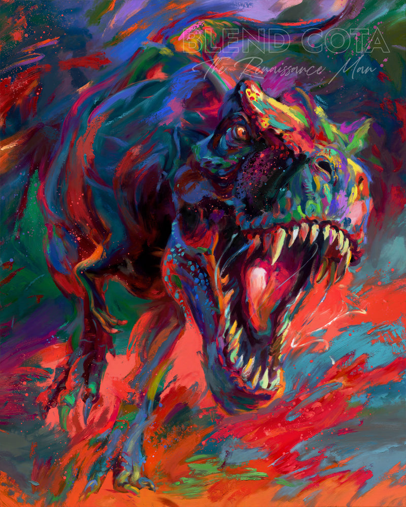 Gallery wrapped art print on canvas of the t-rex from jurassic period the apex dinosaur predator jaw full of teeth chasing you, painted with colorful brushstrokes in an expressionistic style.