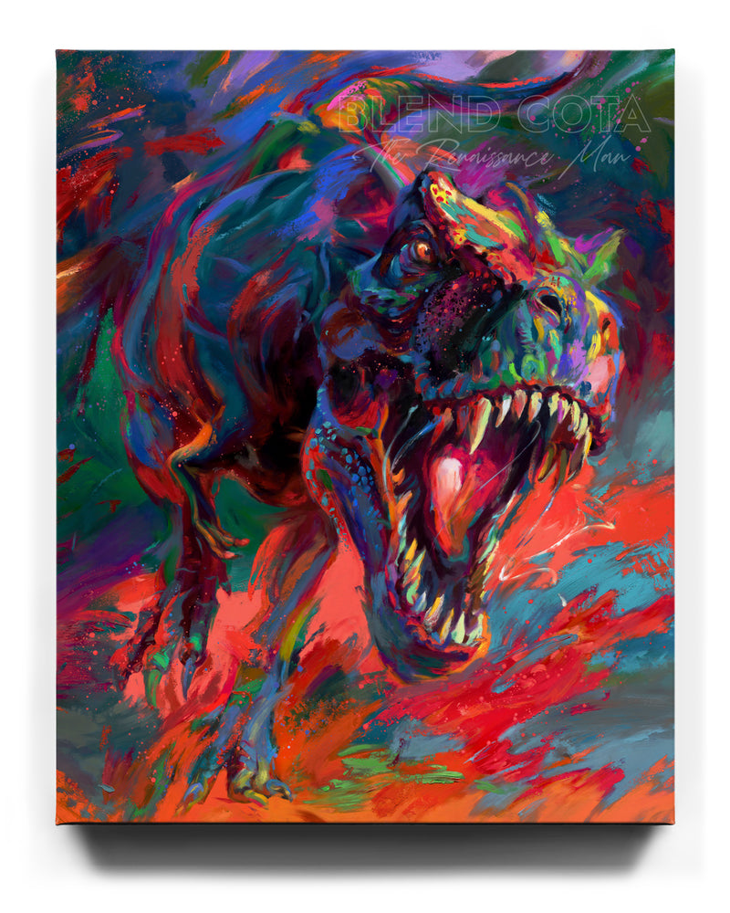Limited edition hand-embellished painting on canvas of the t-rex from jurassic period the apex dinosaur predator jaw full of teeth chasing you, painted with colorful brushstrokes in an expressionistic style.