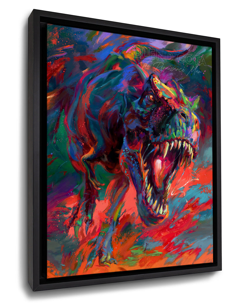Framed art print on canvas of the t-rex from jurassic period the apex dinosaur predator jaw full of teeth chasing you, painted with colorful brushstrokes in an expressionistic style.