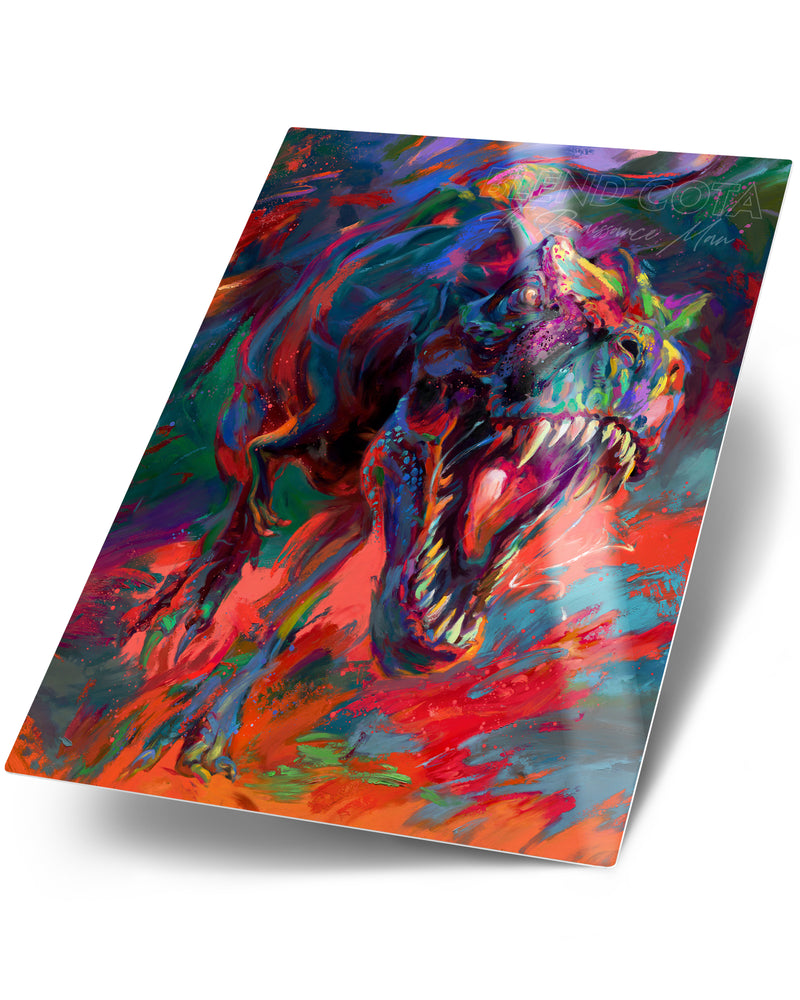 Glossy art print on metal of the t-rex from jurassic period the apex dinosaur predator jaw full of teeth chasing you, painted with colorful brushstrokes in an expressionistic style.