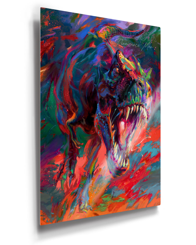 Limited edition glossy metal print of the t-rex from jurassic period the apex dinosaur predator jaw full of teeth chasing you, painted with colorful brushstrokes in an expressionistic style .
